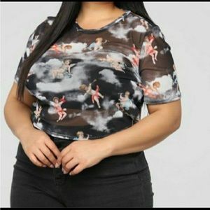Fashion Nova Black Cherub Angel Mesh Top
